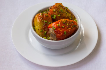 Stuffed pepper. White background. Top view