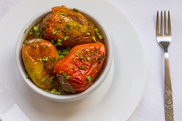 Stuffed pepper. White background. Top view