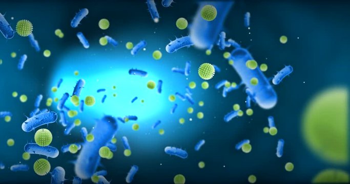 animation of bacteria, virus, cell flowing on blue background with light on center