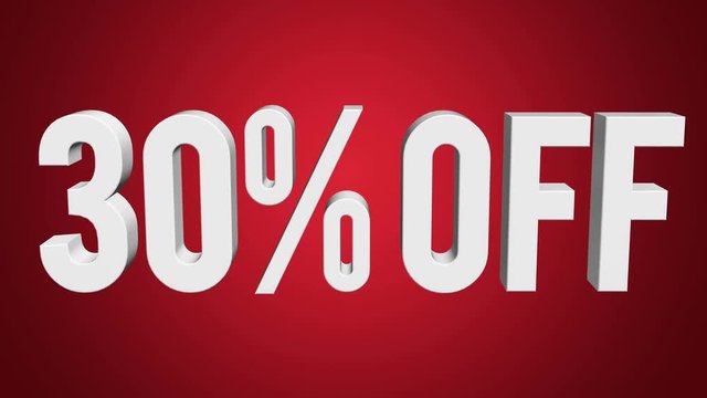 30 percent off 3d letters rotate on red background. 3d render 4K and Full HD footage. Alpha matte included.
