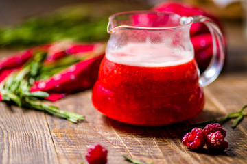 raspberry tea in glass teapot