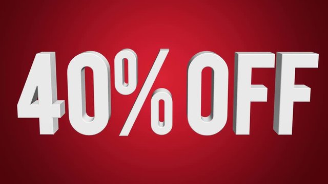 40 percent off 3d letters rotate on red background. 3d render 4K and Full HD footage. Alpha matte included.
