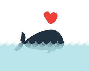 Greeting card with a whale in love. Valentines day vector background with copy place
