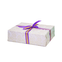 Box with gift tied with ribbon. Gift isolated on a white background. Beautiful  surprise gift. Festive joy.