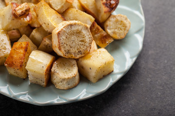 Roasted sweet potatoes and parsnips organic macro shot