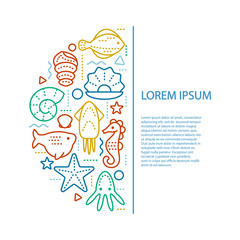 Icons with sea creatures and symbols, made in trendy line style vector.. Vector linear illustration with place for your text.