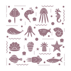 Icons with sea creatures and symbols, made in trendy line style vector..Clean and easy to edit. Illustration for prints on t-shirts and bags, posters..