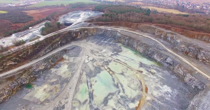 Camera flight over a open cast mine. Industrial landscape. Heavy industry from above.