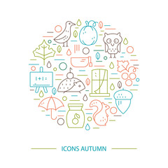 Autumn symbols in circle. Pumpkin, hedgehog, owl, jam  in a linear style. Great graphic for nnouncement, advertisement, flyer or banner.