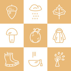 Fototapeta na wymiar Autumn symbols made in vector. Unique and modern set of linear icons isolated on background. Line icon collection.