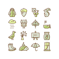 Big collection of linear icons with different autumn and fall symbols. Vector line icon series. Squirrel, umbrella, rain, mushroom,  and other seasonal elements.