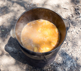 cooking in a cauldron on the nature