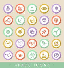 Set of Space Icons on Circular Colored Buttons. Vector Isolated Elements.