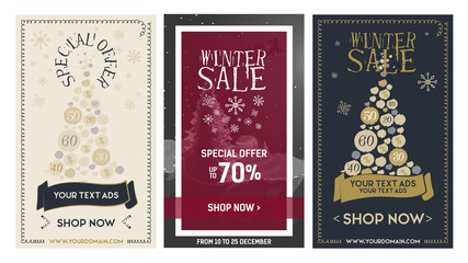 Set web Banner winter sale with ribbon, tree and snowflakes