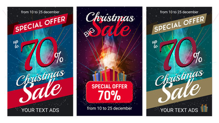 Christmas sale special offer banner set with color tree and blue background