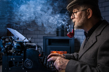 Mann raucht an alter Schreibmaschine