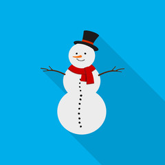 Snowman with long shadow. Vector illustration.