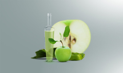 Apple and apple juice in glass bottle concept