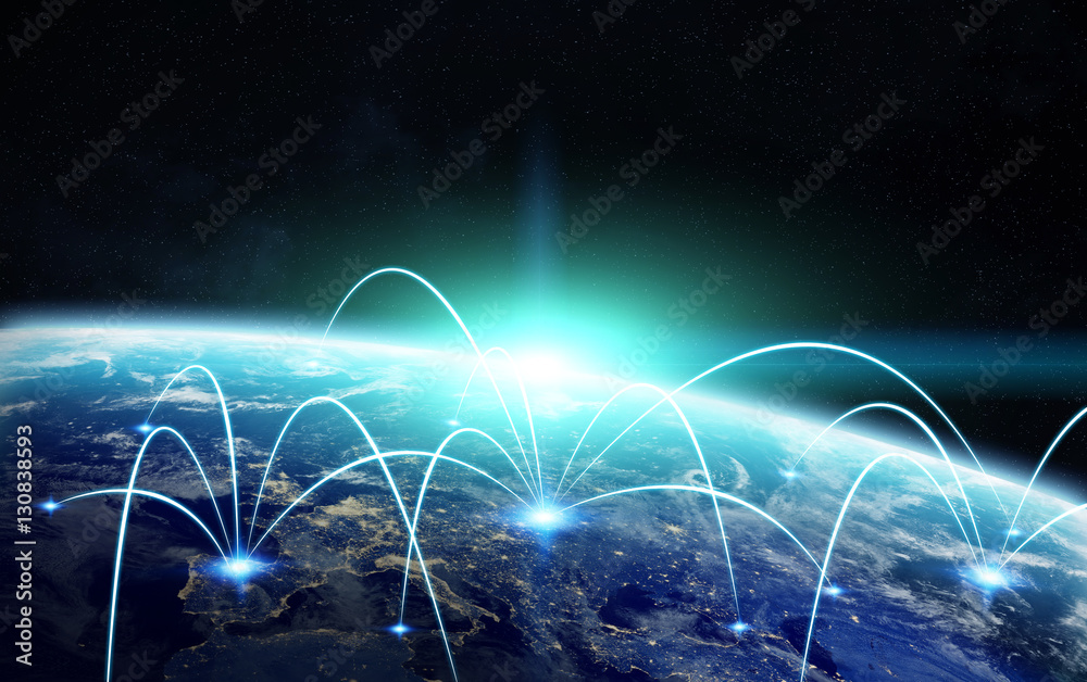 Poster Global network and satellite data exchange 3D rendering elements