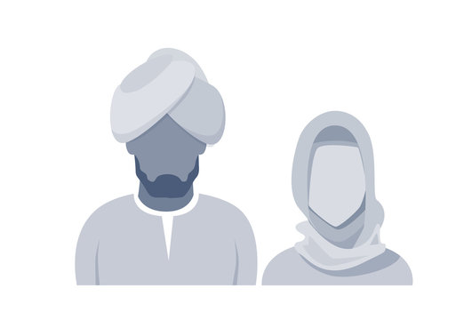 Arab Profile Icon Male And Female Avatar Man Woman, Muslim Cartoon Couple Portrait Silhouette Face Flat Vector Illustration