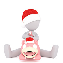 3d toon in Santa hat riding large pink pig