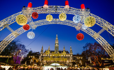 VIENNA, AUSTRIA - 6 DECEMBER 2016: People at the traditional Christmas Market in front of the City...