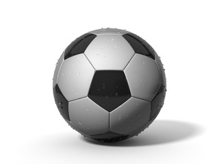 3d illustration of metalic soccer ball with water droplets on surface.