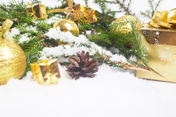 Christmas decorations on snow