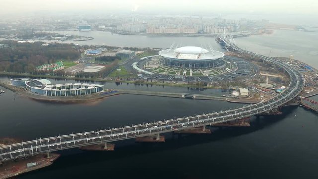 Aerial view of the stadium Zenit arena, most expensively in the world, FIFA World Cup 2018 and Western High-Speed Diameter WHSD