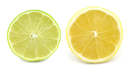 Lime and lemon cut in half, isolated on white background