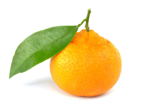 Mandarine orange with leaf, isolated on white background