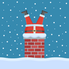 Santa Claus stuck in the chimney on the roof. Christmas flat style vector illustration.