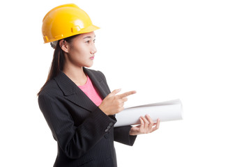 Asian engineer woman pointing with blueprints.