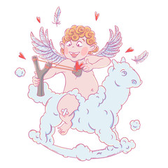 Valentine's day. Funny Cupid on a cloud horse shoots with a slingshot.