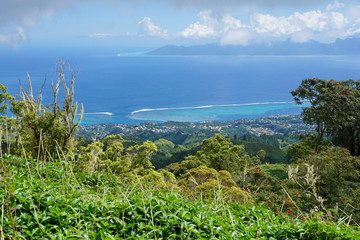 Viewpoint to Punaauia and Moorea island from the mountains of Tahiti island, French Polynesia, south Pacific ocean