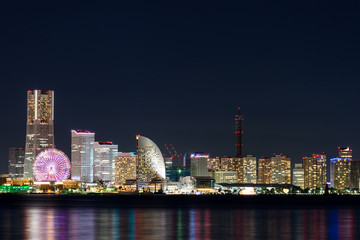 Fototapeta na wymiar Nightview of Minato Mirai area of Yokohama City (横浜みなとみらい地区夜景)in Kanagawa, Japan. 