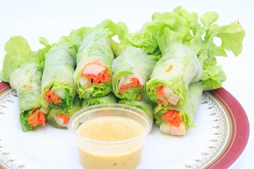 Salad row with sauce on the disk, isolated picture