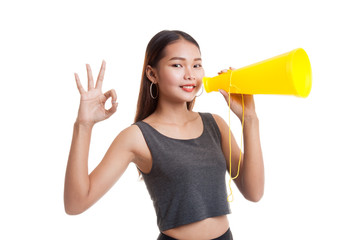 Beautiful young Asian woman  announce with megaphone