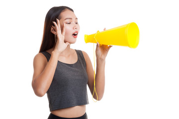 Beautiful young Asian woman  announce with megaphone