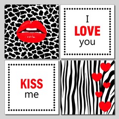 Set of modern romantic cards and banners. Realistic red lips on leopard print background. Black zebra stripes and hearts.