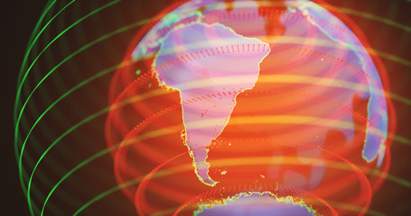 Hologram of planet earth in warm colors. South America in focus.