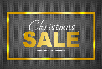 Christmas sale discount banner on knitted texture background. Text in golden frame. Vector illustration.