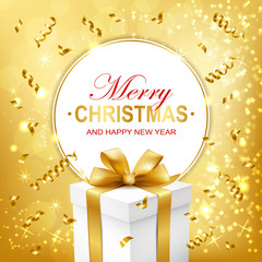 Fototapeta na wymiar Merry Christmas and Happy New Year round banner with gift box and serpentine confetti. Vector illustration.