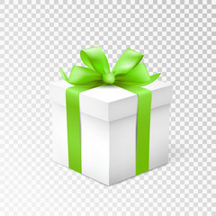 Gift box with green ribbon isolated on transparent background. Vector illustration.