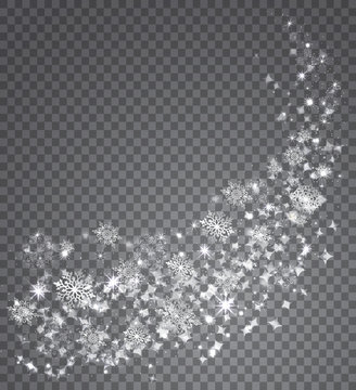 Christmas Magic Glitter Sparkles and snowflakes on transparent background. Shining Swirl Light. Vector Illustration.