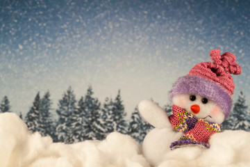 Christmas toy snowman in the forest 