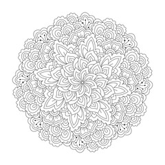 Round element for coloring book. Black and white floral pattern.