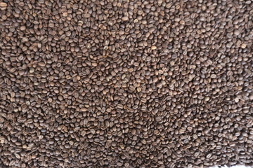 Roasted brown coffee beans background, above view. Coffee beans texture