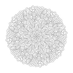 Round element for coloring book. Black and white floral pattern.
