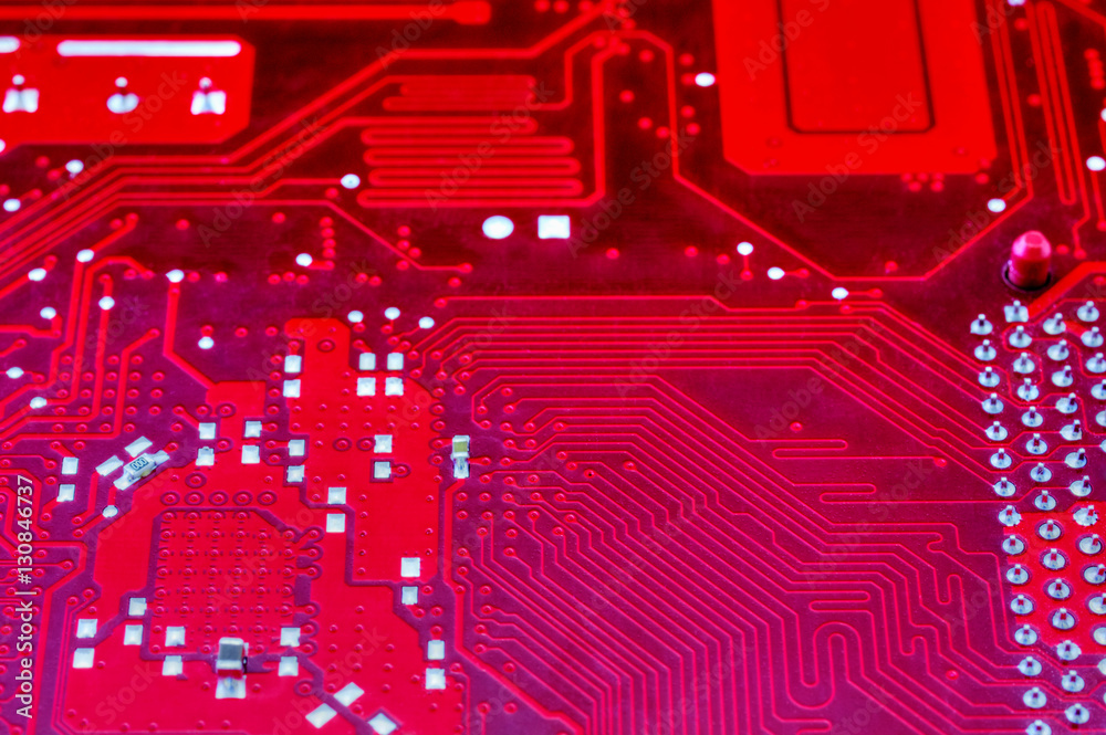 Wall mural technological background with red computer motherboard closeup